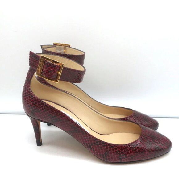 Jimmy Choo Helena 65 Pumps Buckle Ankle Strap Snakeskin Burgundy Size 40 - Picture 2 of 13